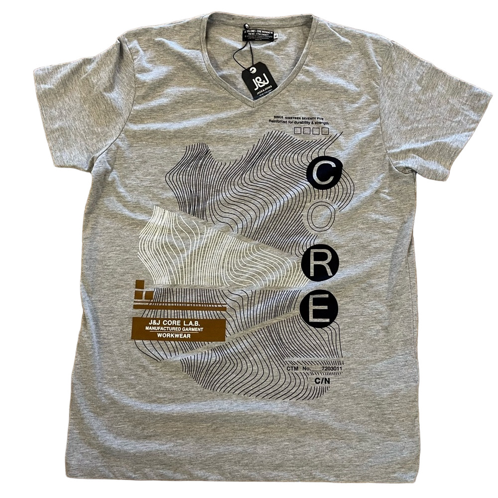 🆕 JACK & JONES Core Heather Grey Graphic V-Neck Tee L